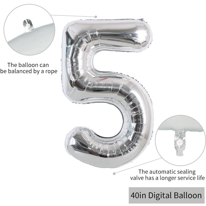 TONIFUL 40 Inch Silver Large Numbers Balloons 0-9, Number 5 Digital 5 Helium Foil Mylar Big Number Balloons for 2026 Graduation New Year Eve Birthday Party Anniversary Supplies Decorations - Image 2